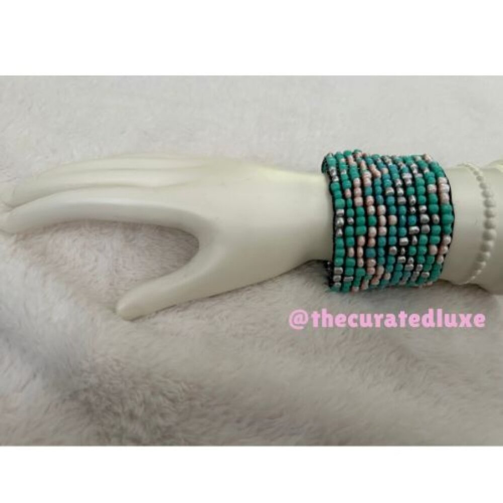 NWOT Nordstrom Turquoise Multi-Row Beaded Cuff Bracelet – Boho Stretch Statement